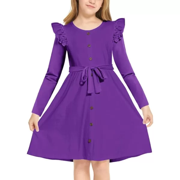 Arshiner Girls Long Sleeve Dress Casual Fall Dress A Line Belted Midi Dress with Pockets for Kids 5-14Y