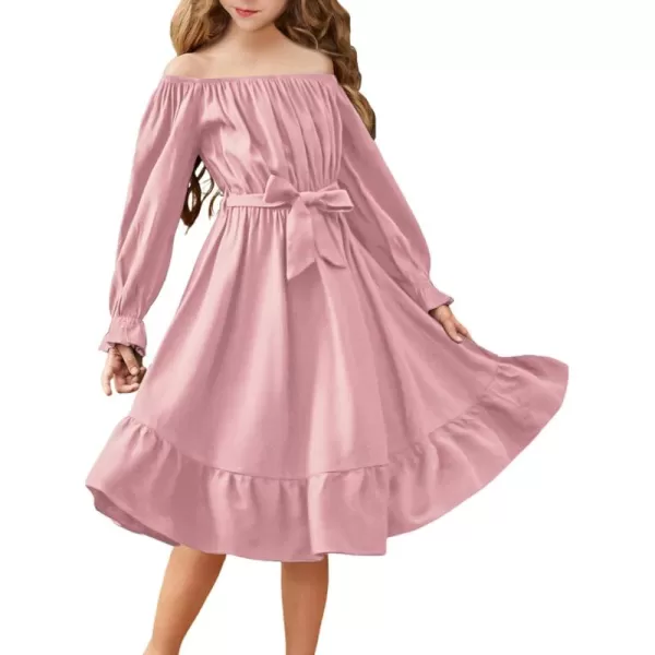 Arshiner Girls Long Sleeve Dress Holiday Party Casual Ruffle Flowy Swing Midi Dresses 5-14 Years