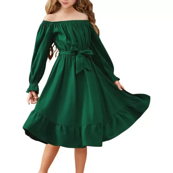 Arshiner Girls Long Sleeve Dress Holiday Party Casual Ruffle Flowy Swing Midi Dresses 5-14 Years