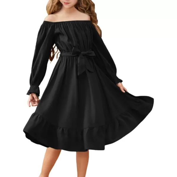 Arshiner Girls Long Sleeve Dress Holiday Party Casual Ruffle Flowy Swing Midi Dresses 5-14 Years