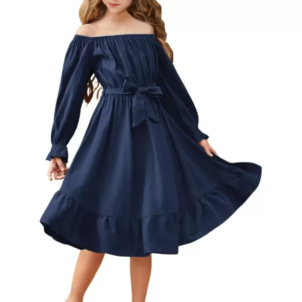 Arshiner Girls Long Sleeve Dress Holiday Party Casual Ruffle Flowy Swing Midi Dresses 5-14 Years