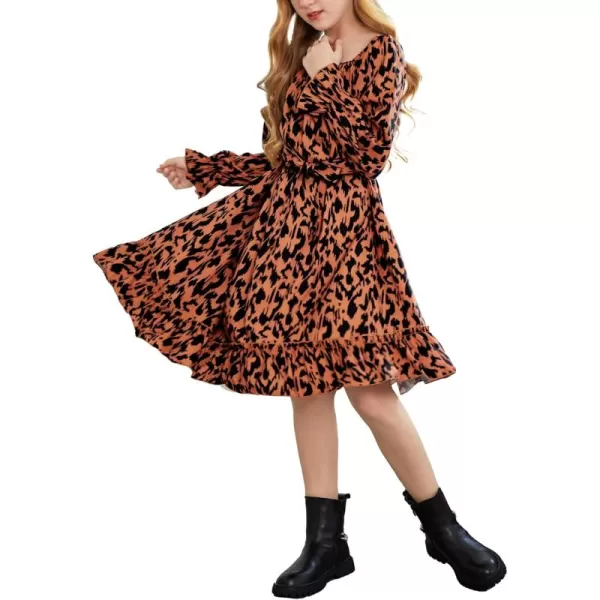 Arshiner Girls Long Sleeve Dress Holiday Party Casual Ruffle Flowy Swing Midi Dresses 5-14 Years