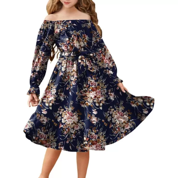Arshiner Girls Long Sleeve Dress Holiday Party Casual Ruffle Flowy Swing Midi Dresses 5-14 Years