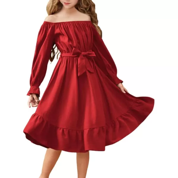 Arshiner Girls Long Sleeve Dress Holiday Party Casual Ruffle Flowy Swing Midi Dresses 5-14 Years