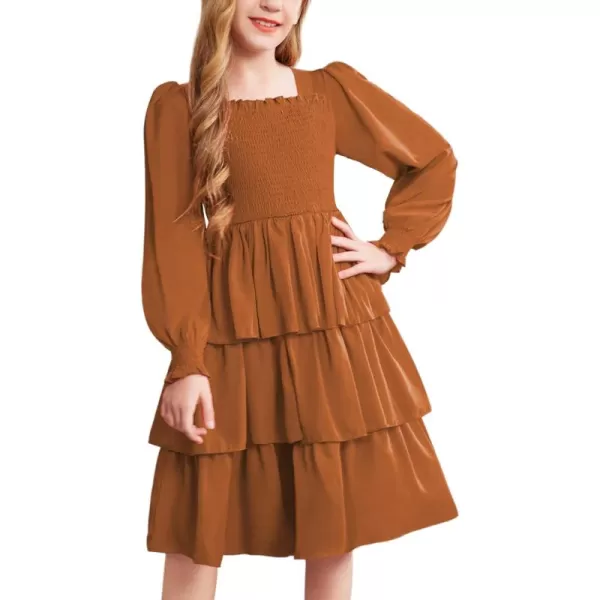 Arshiner Girls Long-Sleeve Tiered Dresses Square Neck Lantern Smocked Ruffle Layered Tie Back Dress