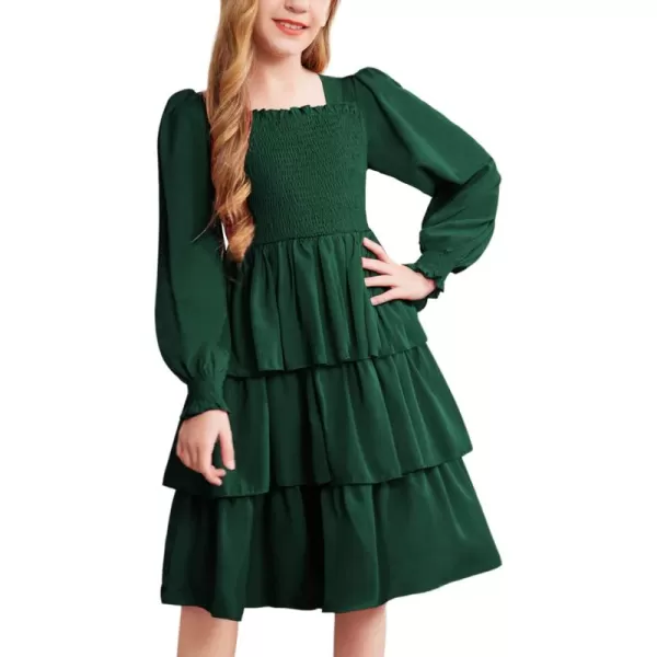 Arshiner Girls Long-Sleeve Tiered Dresses Square Neck Lantern Smocked Ruffle Layered Tie Back Dress