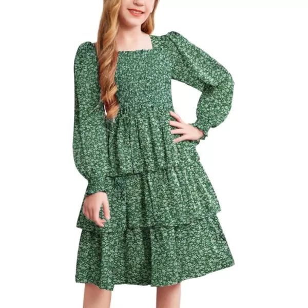 Arshiner Girls Long-Sleeve Tiered Dresses Square Neck Lantern Smocked Ruffle Layered Tie Back Dress