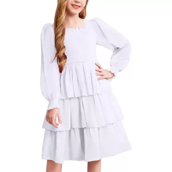 Arshiner Girls Long-Sleeve Tiered Dresses Square Neck Lantern Smocked Ruffle Layered Tie Back Dress