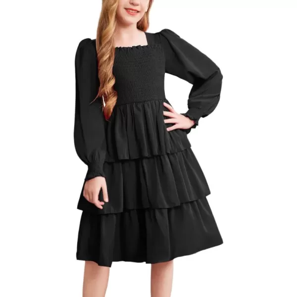 Arshiner Girls Long-Sleeve Tiered Dresses Square Neck Lantern Smocked Ruffle Layered Tie Back Dress
