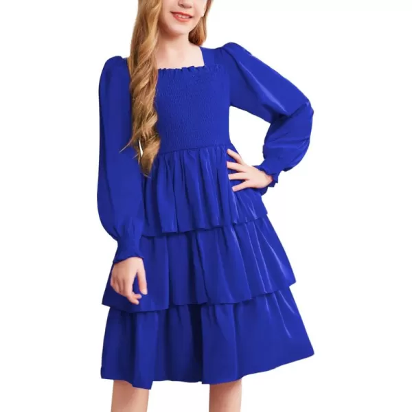 Arshiner Girls Long-Sleeve Tiered Dresses Square Neck Lantern Smocked Ruffle Layered Tie Back Dress