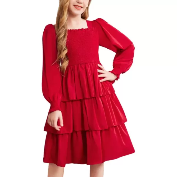 Arshiner Girls Long-Sleeve Tiered Dresses Square Neck Lantern Smocked Ruffle Layered Tie Back Dress