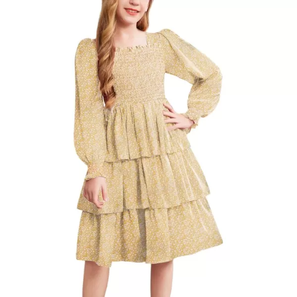 Arshiner Girls Long-Sleeve Tiered Dresses Square Neck Lantern Smocked Ruffle Layered Tie Back Dress