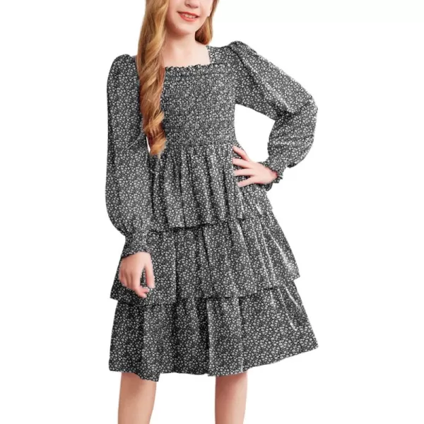 Arshiner Girls Long-Sleeve Tiered Dresses Square Neck Lantern Smocked Ruffle Layered Tie Back Dress