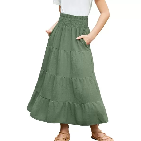 Arshiner Girls Maxi Skirt Summer Linen High Waist Tiered Boho Skirts with Pockets