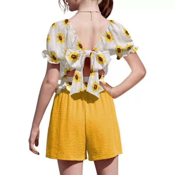 Arshiner Girls Short Set 2 Piece Summer Boho Clothes Tie-Back Puff Sleeve Top and Shorts with Pockets for 5-14 Years