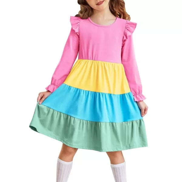 Arshiner Toddler Girls Dress Ruffle Long Sleeve Casual Tiered Swing Dresses with Pockets