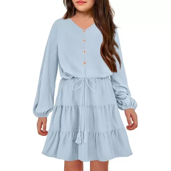 Arshiner Tween Girls Dresses Fall Long Sleeve V Neck Waist Tie Ruffle Tiered Swing Skater Dress