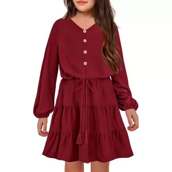 Arshiner Tween Girls Dresses Fall Long Sleeve V Neck Waist Tie Ruffle Tiered Swing Skater Dress