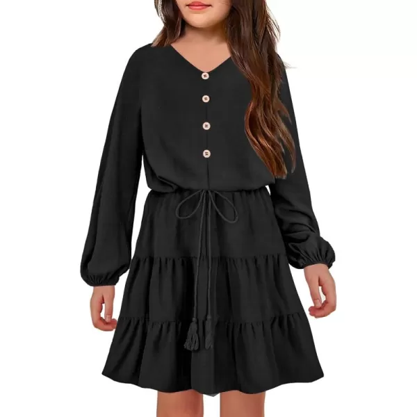 Arshiner Tween Girls Dresses Fall Long Sleeve V Neck Waist Tie Ruffle Tiered Swing Skater Dress