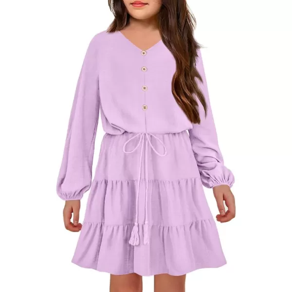 Arshiner Tween Girls Dresses Fall Long Sleeve V Neck Waist Tie Ruffle Tiered Swing Skater Dress