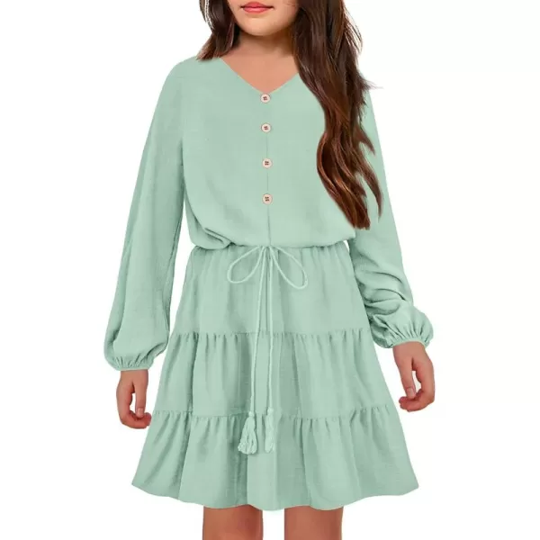 Arshiner Tween Girls Dresses Fall Long Sleeve V Neck Waist Tie Ruffle Tiered Swing Skater Dress