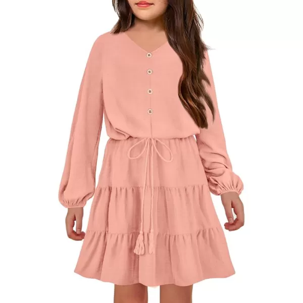 Arshiner Tween Girls Dresses Fall Long Sleeve V Neck Waist Tie Ruffle Tiered Swing Skater Dress