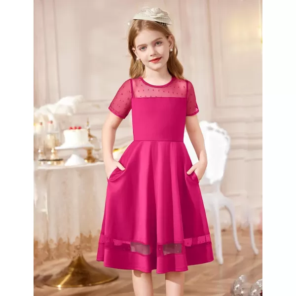Arshiner Tween Girls Dress Formal Contrast Mesh Short Sleeve A Line Party Dresses with Pockets for 5-12 Years