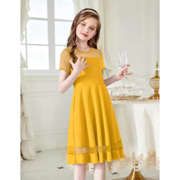 Arshiner Tween Girls Dress Formal Contrast Mesh Short Sleeve A Line Party Dresses with Pockets for 5-12 Years