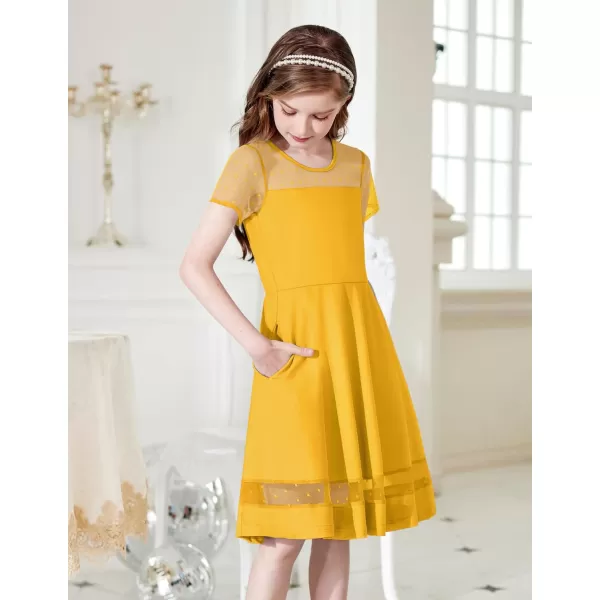 Arshiner Tween Girls Dress Formal Contrast Mesh Short Sleeve A Line Party Dresses with Pockets for 5-12 Years