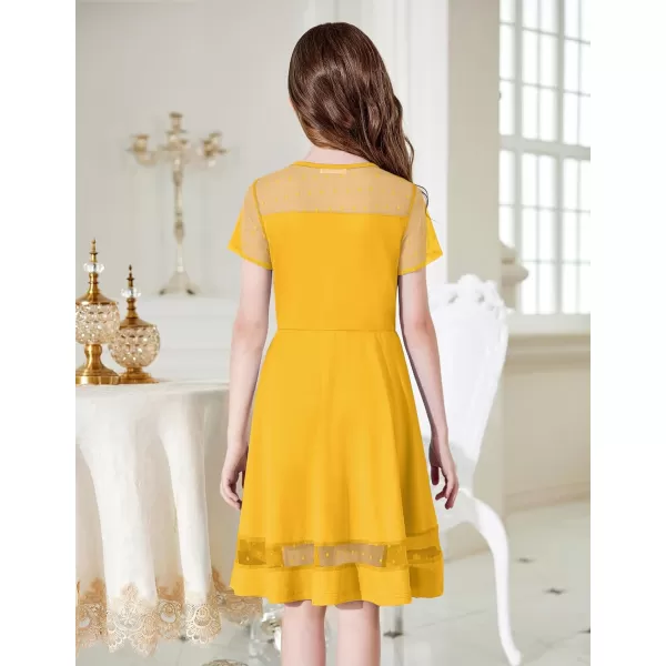 Arshiner Tween Girls Dress Formal Contrast Mesh Short Sleeve A Line Party Dresses with Pockets for 5-12 Years