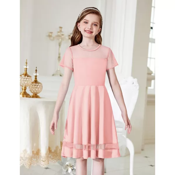 Arshiner Tween Girls Dress Formal Contrast Mesh Short Sleeve A Line Party Dresses with Pockets for 5-12 Years