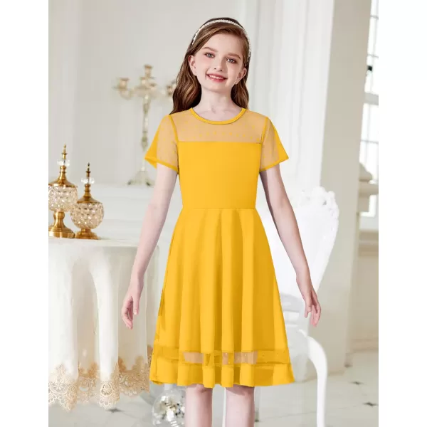 Arshiner Tween Girls Dress Formal Contrast Mesh Short Sleeve A Line Party Dresses with Pockets for 5-12 Years