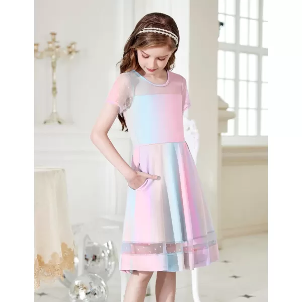 Arshiner Tween Girls Dress Formal Contrast Mesh Short Sleeve A Line Party Dresses with Pockets for 5-12 Years