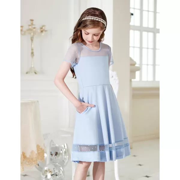 Arshiner Tween Girls Dress Formal Contrast Mesh Short Sleeve A Line Party Dresses with Pockets for 5-12 Years