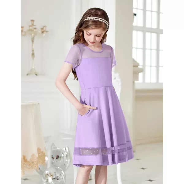 Arshiner Tween Girls Dress Formal Contrast Mesh Short Sleeve A Line Party Dresses with Pockets for 5-12 Years