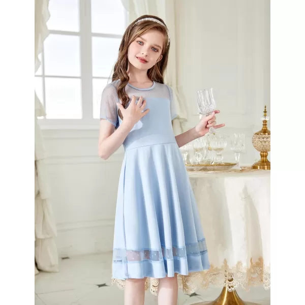 Arshiner Tween Girls Dress Formal Contrast Mesh Short Sleeve A Line Party Dresses with Pockets for 5-12 Years