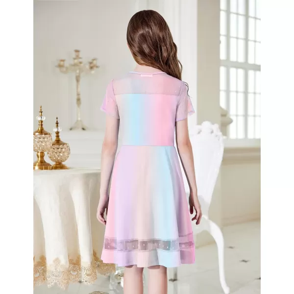 Arshiner Tween Girls Dress Formal Contrast Mesh Short Sleeve A Line Party Dresses with Pockets for 5-12 Years