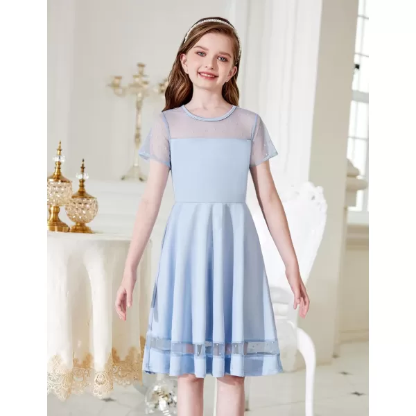Arshiner Tween Girls Dress Formal Contrast Mesh Short Sleeve A Line Party Dresses with Pockets for 5-12 Years