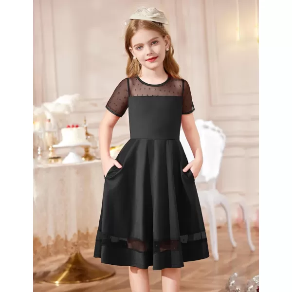Arshiner Tween Girls Dress Formal Contrast Mesh Short Sleeve A Line Party Dresses with Pockets for 5-12 Years