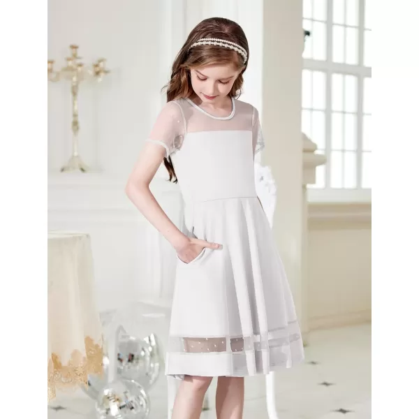 Arshiner Tween Girls Dress Formal Contrast Mesh Short Sleeve A Line Party Dresses with Pockets for 5-12 Years