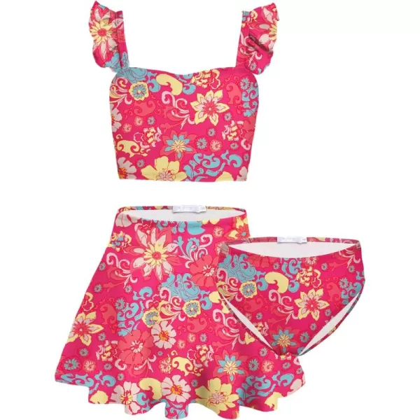Arshiner Girls Swimsuits 3Pcs Ruffles Bathing Suits Summer Floral Printing Beach Surf Tankini Swimwear Set