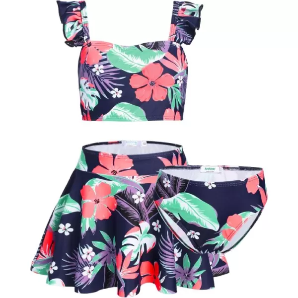 Arshiner Girls Swimsuits 3Pcs Ruffles Bathing Suits Summer Floral Printing Beach Surf Tankini Swimwear Set