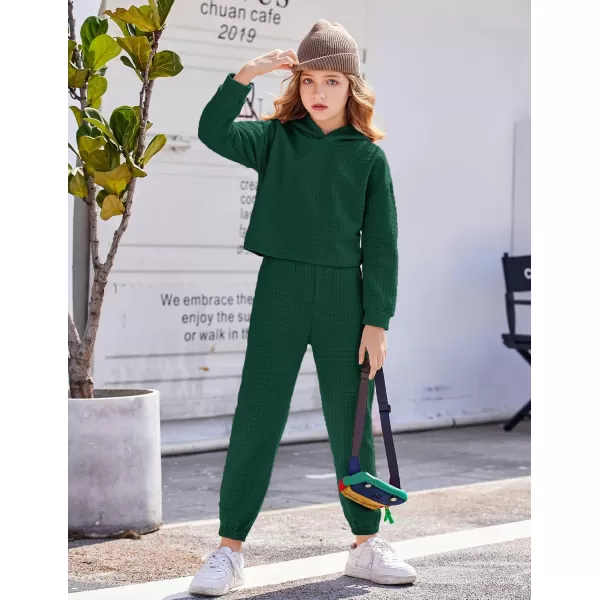 Arshiner Girls 2 Piece Outfit Waffle Knit Pullover Hooded Sweatshirt and Sweatpants Clothing Sets Long Sleeve Tracksuits