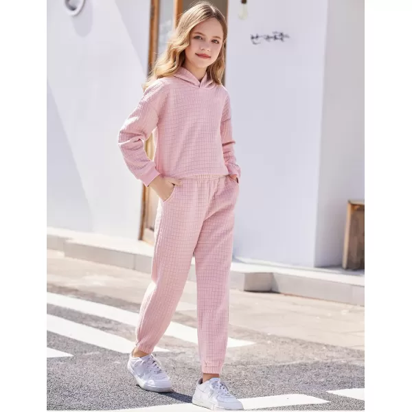 Arshiner Girls 2 Piece Outfit Waffle Knit Pullover Hooded Sweatshirt and Sweatpants Clothing Sets Long Sleeve Tracksuits