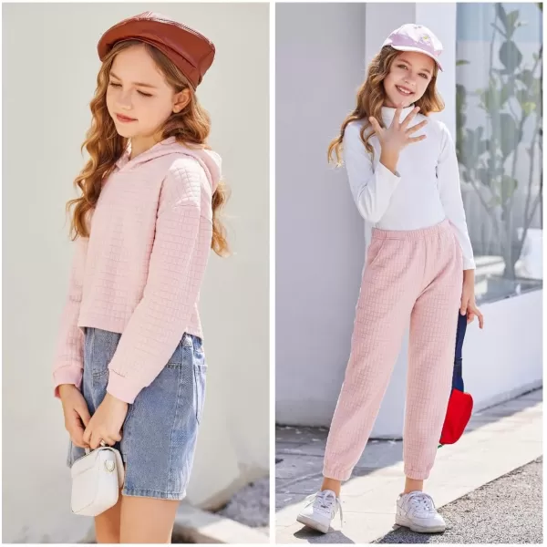 Arshiner Girls 2 Piece Outfit Waffle Knit Pullover Hooded Sweatshirt and Sweatpants Clothing Sets Long Sleeve Tracksuits