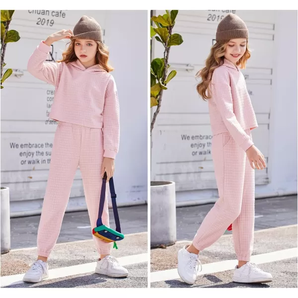 Arshiner Girls 2 Piece Outfit Waffle Knit Pullover Hooded Sweatshirt and Sweatpants Clothing Sets Long Sleeve Tracksuits