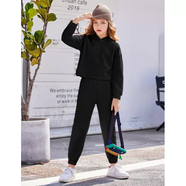 Arshiner Girls 2 Piece Outfit Waffle Knit Pullover Hooded Sweatshirt and Sweatpants Clothing Sets Long Sleeve Tracksuits