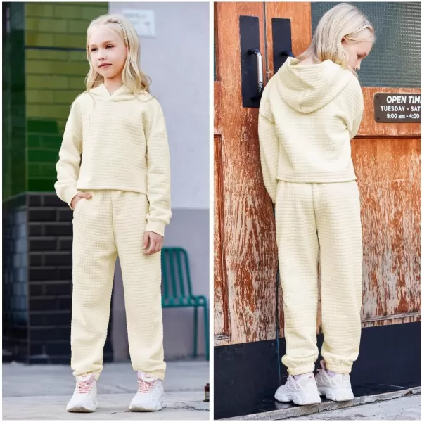 Arshiner Girls 2 Piece Outfit Waffle Knit Pullover Hooded Sweatshirt and Sweatpants Clothing Sets Long Sleeve Tracksuits