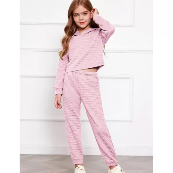Arshiner Girls 2 Piece Outfit Waffle Knit Pullover Hooded Sweatshirt and Sweatpants Clothing Sets Long Sleeve Tracksuits