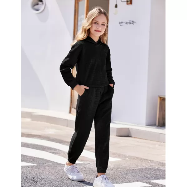 Arshiner Girls 2 Piece Outfit Waffle Knit Pullover Hooded Sweatshirt and Sweatpants Clothing Sets Long Sleeve Tracksuits